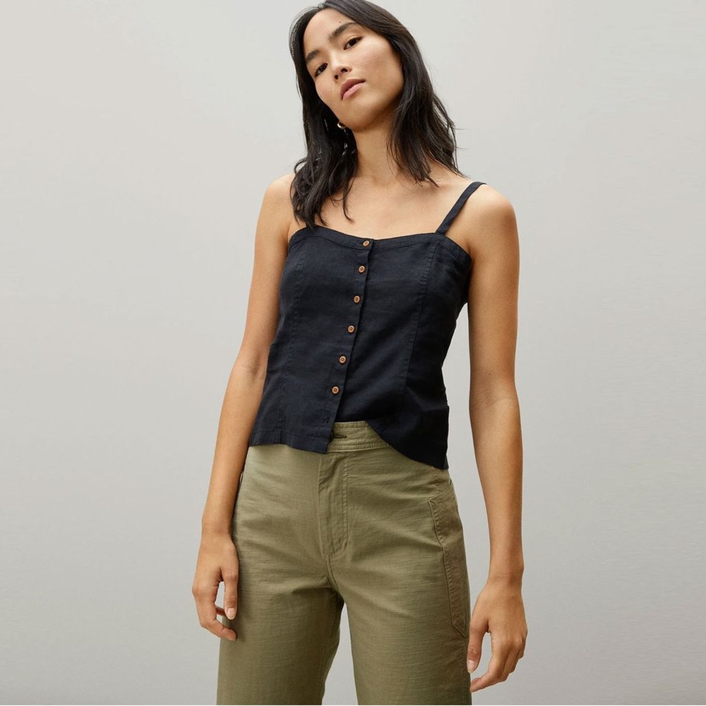 Everlane Picnic Tank Top Womens 2 Black Linen Button Front Sleeveless Shirt NEW